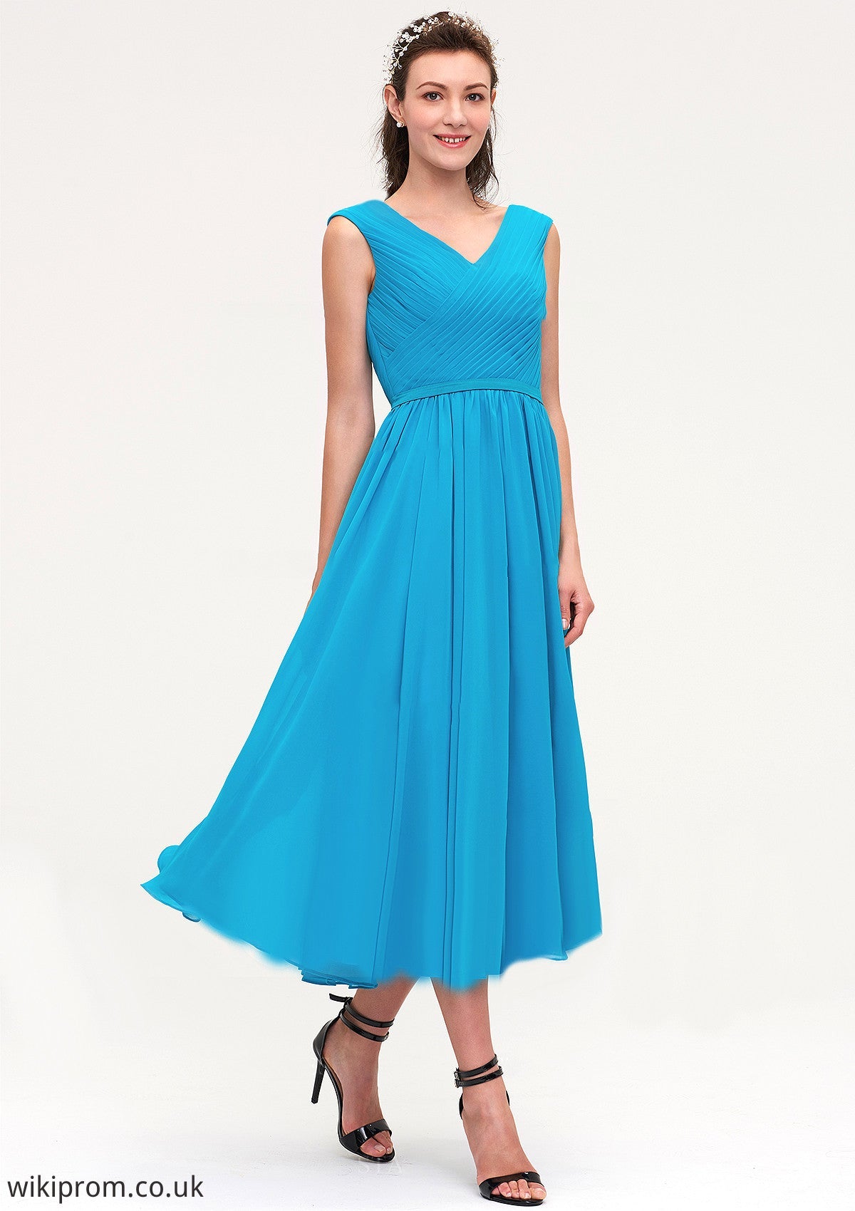 Sleeveless V Neck Tea-Length Chiffon A-line/Princess Bridesmaid Dresseses With Pleated Shiloh SWKP0025448