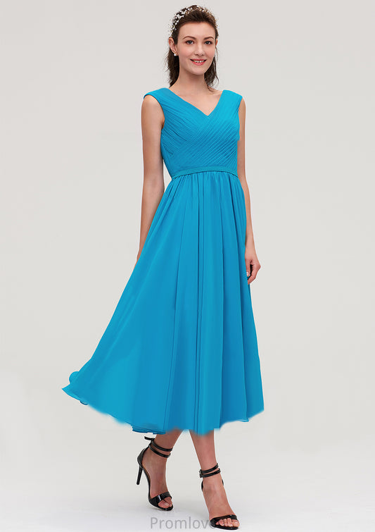 Sleeveless V Neck Tea-Length Chiffon A-line/Princess Bridesmaid Dresseses With Pleated Aliza DUP0025448