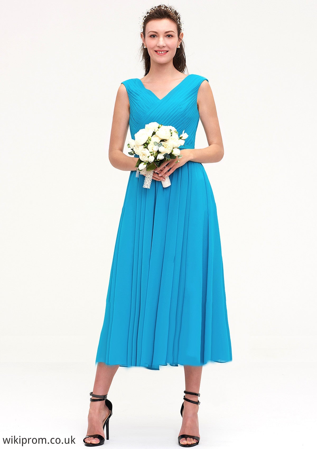 Sleeveless V Neck Tea-Length Chiffon A-line/Princess Bridesmaid Dresseses With Pleated Shiloh SWKP0025448