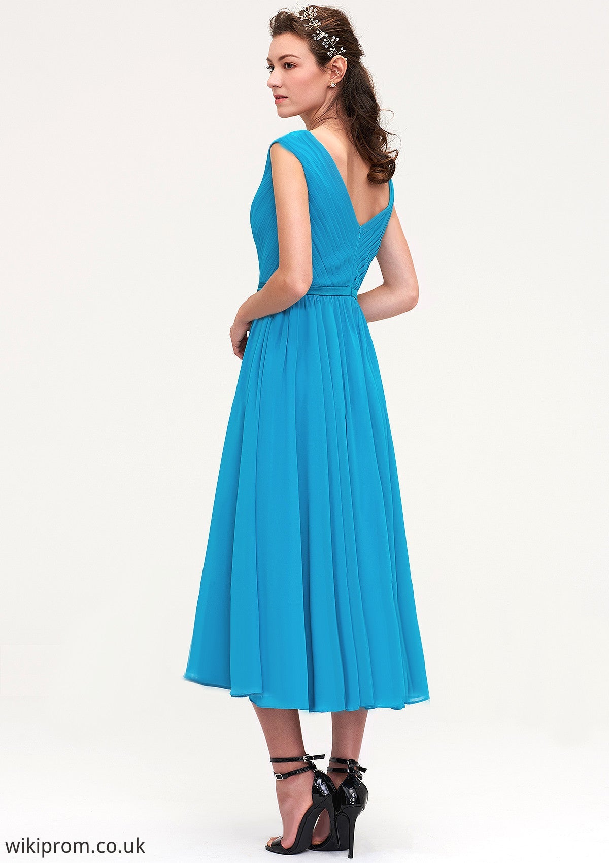 Sleeveless V Neck Tea-Length Chiffon A-line/Princess Bridesmaid Dresseses With Pleated Shiloh SWKP0025448