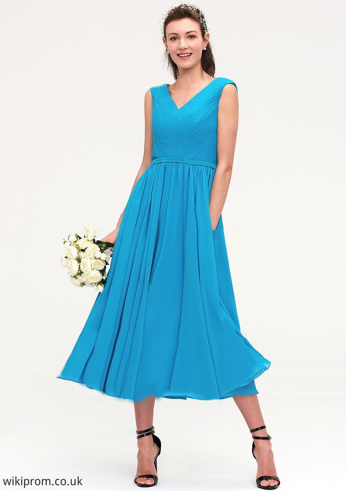 Sleeveless V Neck Tea-Length Chiffon A-line/Princess Bridesmaid Dresseses With Pleated Shiloh SWKP0025448