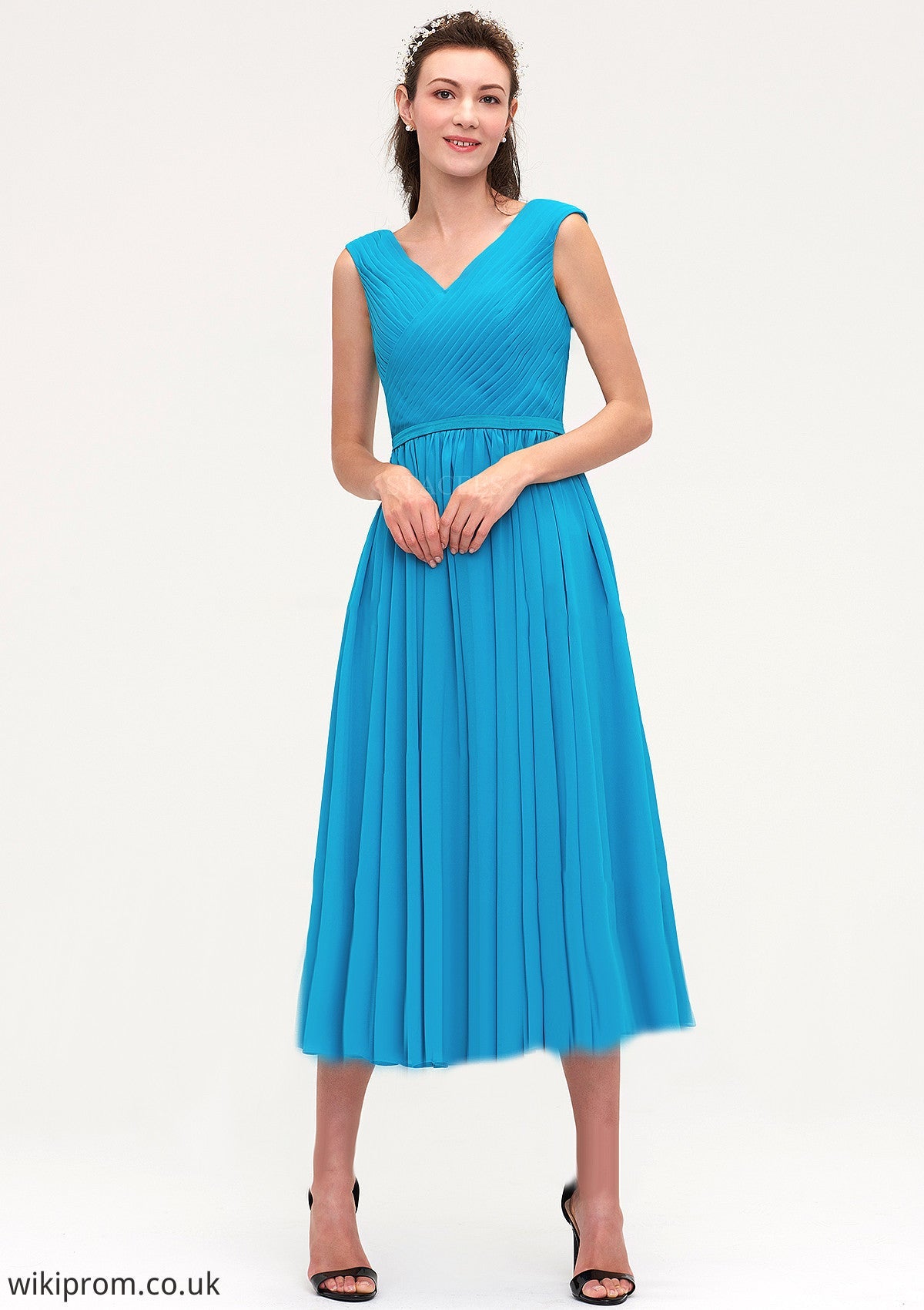 Sleeveless V Neck Tea-Length Chiffon A-line/Princess Bridesmaid Dresseses With Pleated Shiloh SWKP0025448