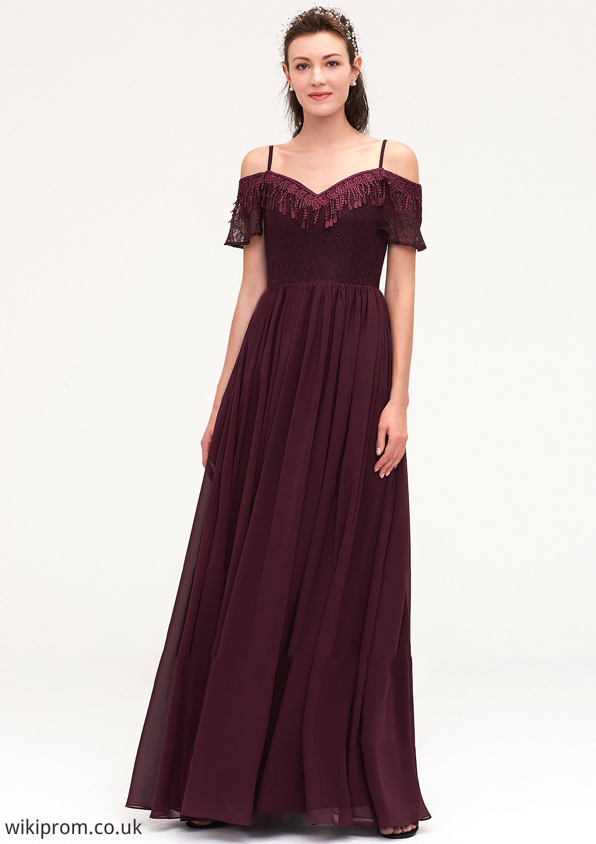 Off-the-Shoulder Sleeveless Chiffon A-line/Princess Long/Floor-Length Bridesmaid Dresseses With Lace Beatrice SWKP0025449