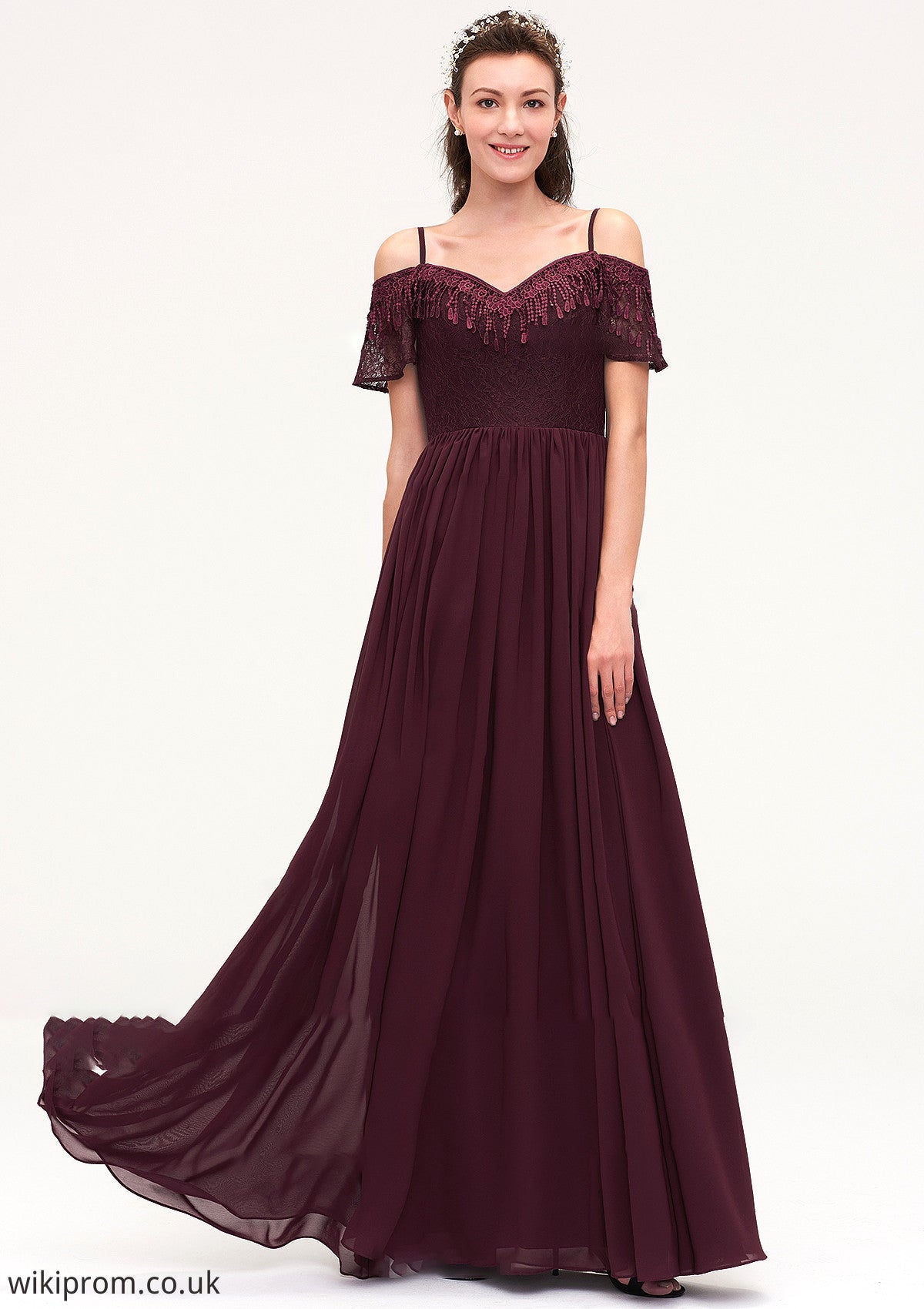 Off-the-Shoulder Sleeveless Chiffon A-line/Princess Long/Floor-Length Bridesmaid Dresseses With Lace Beatrice SWKP0025449