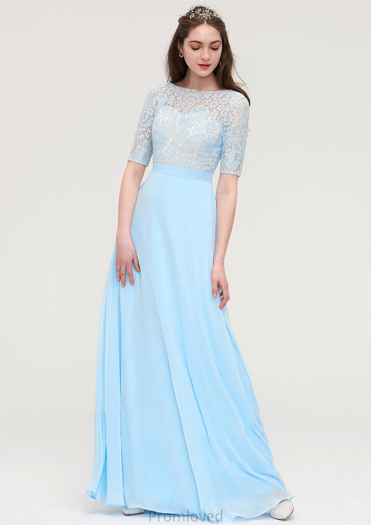 Half Sleeve Long/Floor-Length Bateau Chiffon A-line/Princess Bridesmaid Dresses With Lace Laila DUP0025450