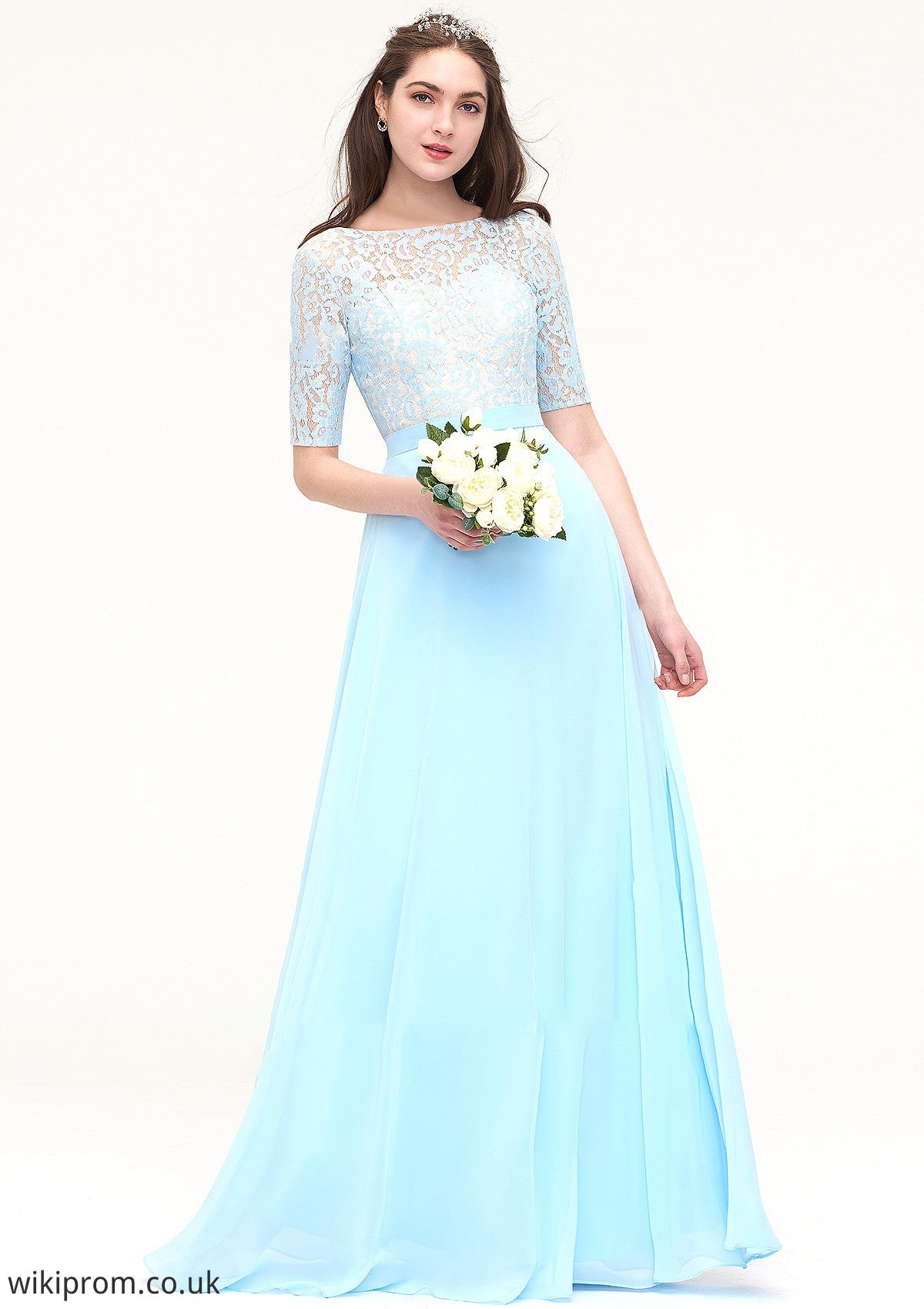 Half Sleeve Long/Floor-Length Bateau Chiffon A-line/Princess Bridesmaid Dresses With Lace Athena SWKP0025450