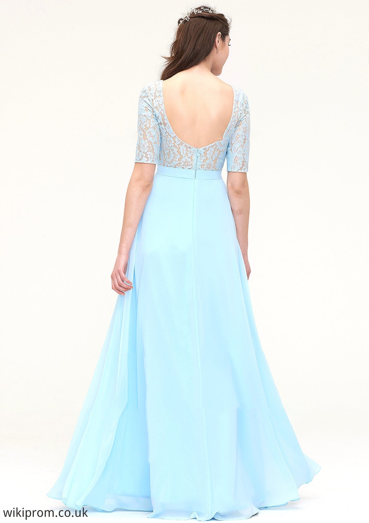 Half Sleeve Long/Floor-Length Bateau Chiffon A-line/Princess Bridesmaid Dresses With Lace Athena SWKP0025450