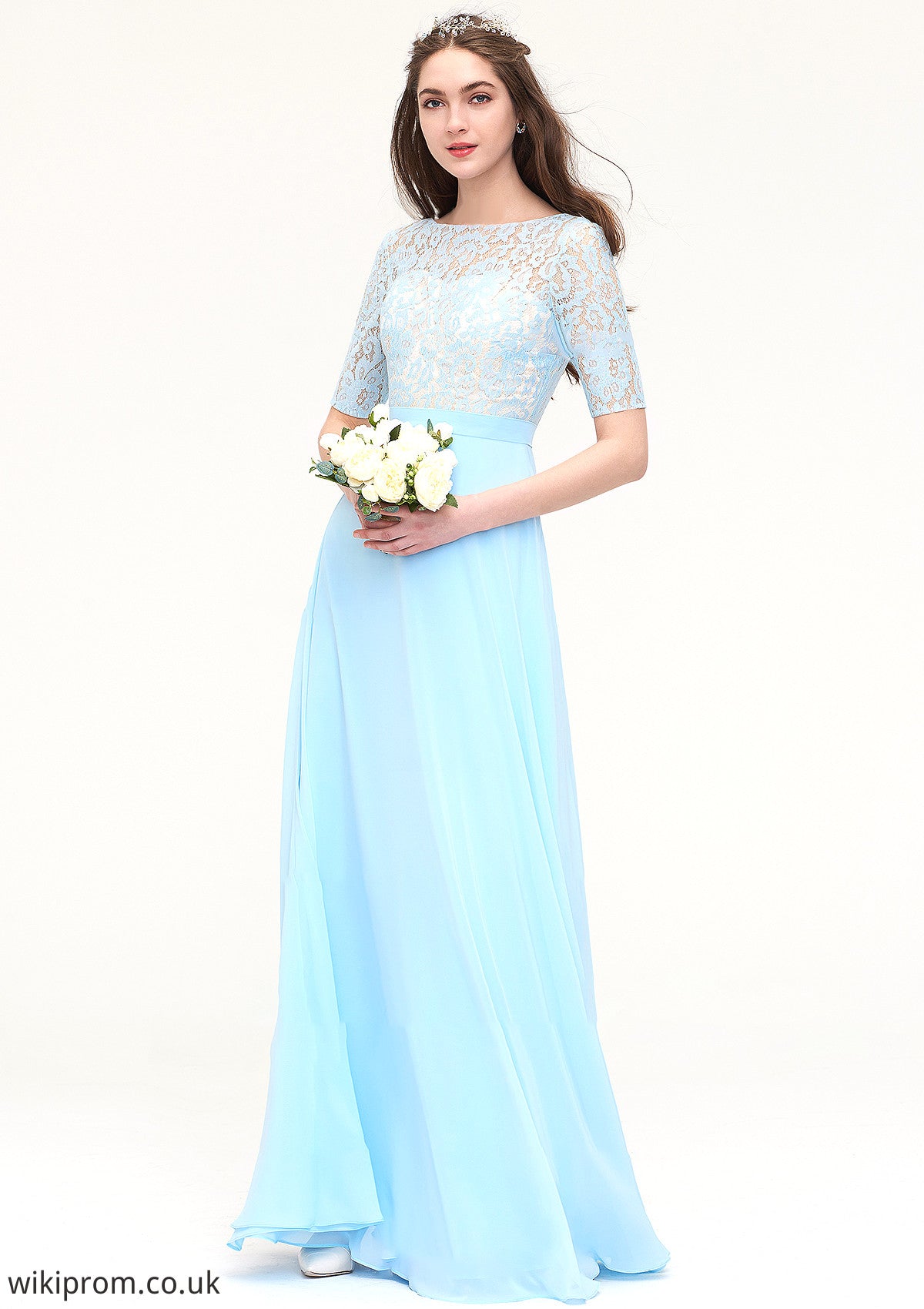 Half Sleeve Long/Floor-Length Bateau Chiffon A-line/Princess Bridesmaid Dresses With Lace Athena SWKP0025450