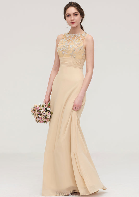 Sleeveless Halter Open Back Long/Floor-Length Sheath/Column Chiffon Bridesmaid Dresses With Pleated Lace Mikayla DUP0025451