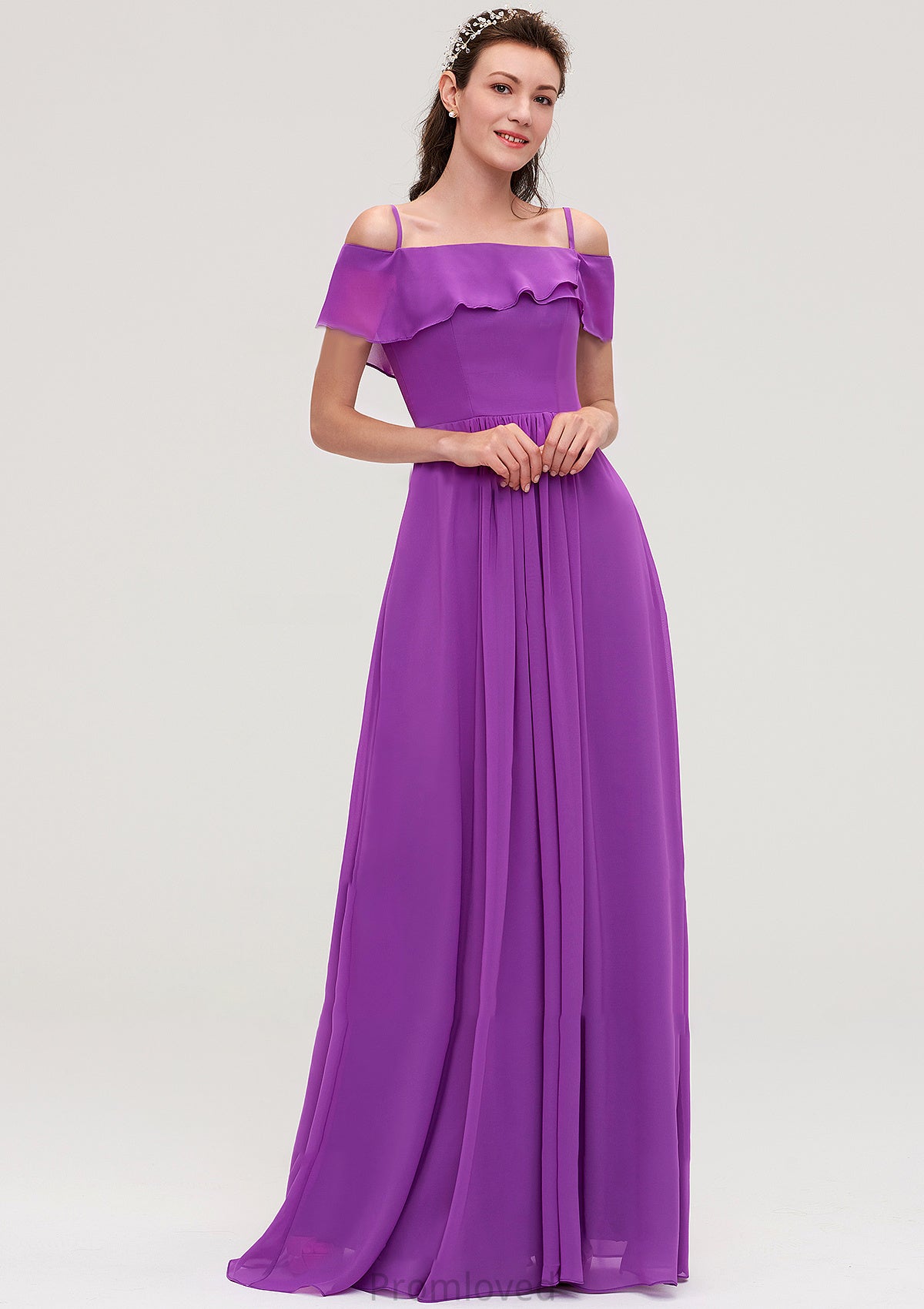 Sleeveless Off-the-Shoulder Chiffon A-line/Princess Long/Floor-Length Bridesmaid Dresseses With Ruffles Adrianna DUP0025452