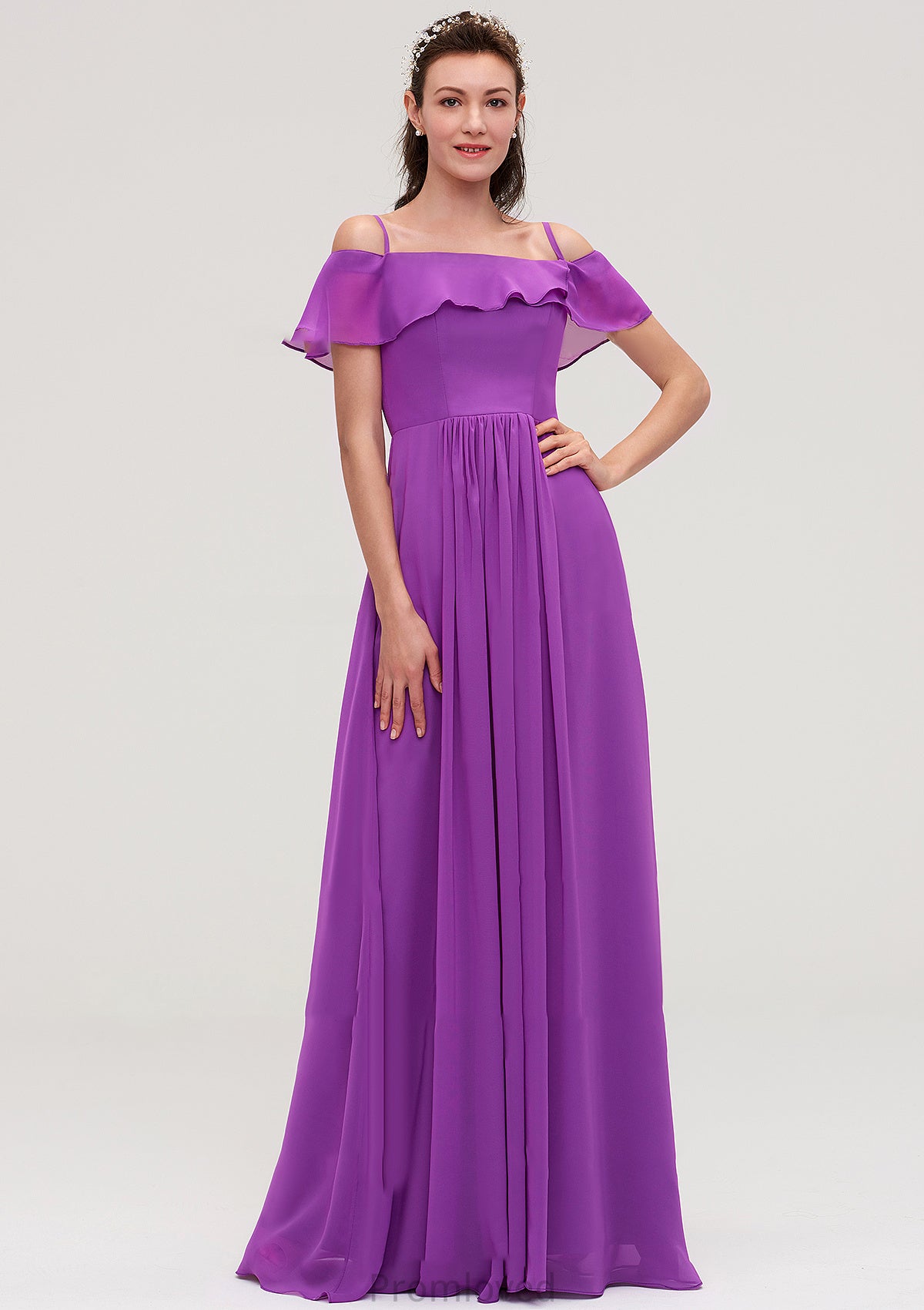 Sleeveless Off-the-Shoulder Chiffon A-line/Princess Long/Floor-Length Bridesmaid Dresseses With Ruffles Adrianna DUP0025452