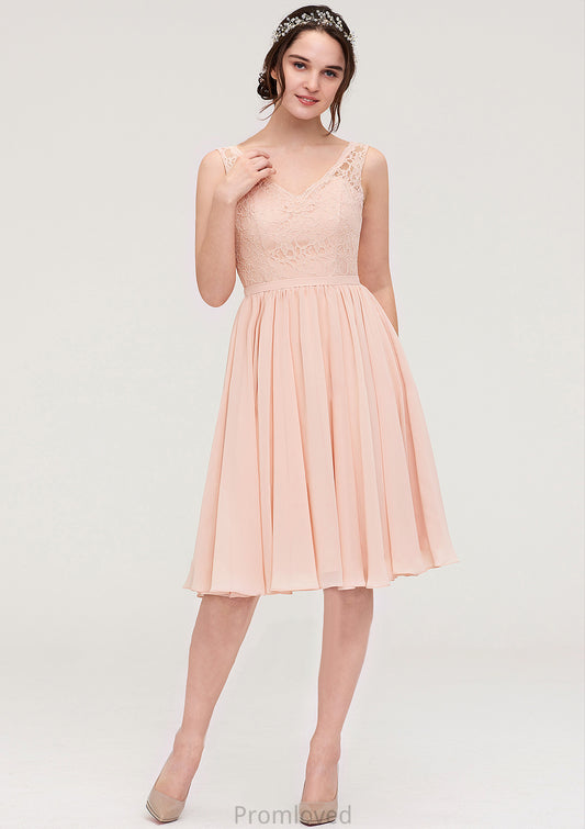 Sleeveless V Neck A-line/Princess Chiffon Knee-Length Bridesmaid Dresses With Lace Jamya DUP0025453