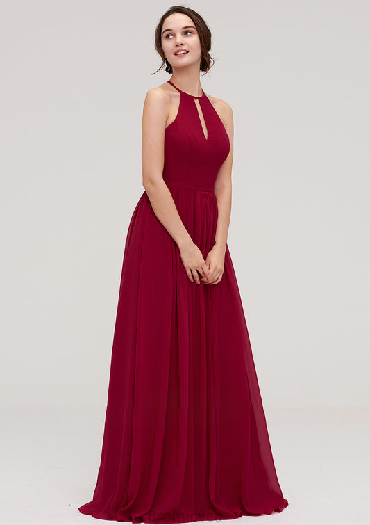 Scoop Neck Sleeveless A-line/Princess Long/Floor-Length Chiffon Bridesmaid Dresseses With Pleated Pat DUP0025456