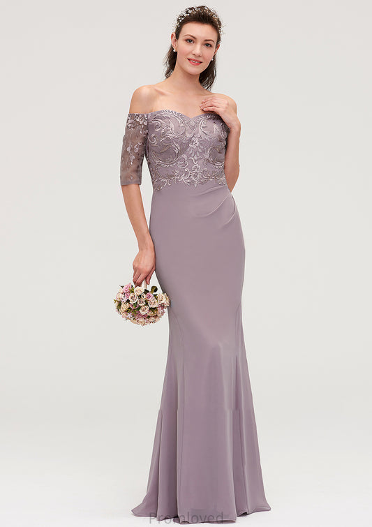 Off-the-Shoulder Half Sleeve Sheath/Column Long/Floor-Length Chiffon Bridesmaid Dresseses With Appliqued Dalia DUP0025458