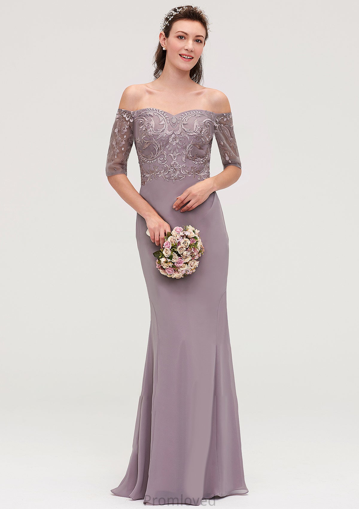 Off-the-Shoulder Half Sleeve Sheath/Column Long/Floor-Length Chiffon Bridesmaid Dresseses With Appliqued Dalia DUP0025458