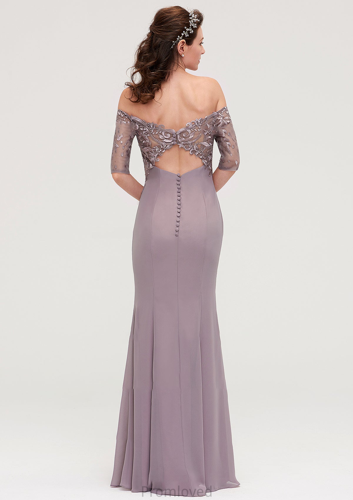 Off-the-Shoulder Half Sleeve Sheath/Column Long/Floor-Length Chiffon Bridesmaid Dresseses With Appliqued Dalia DUP0025458