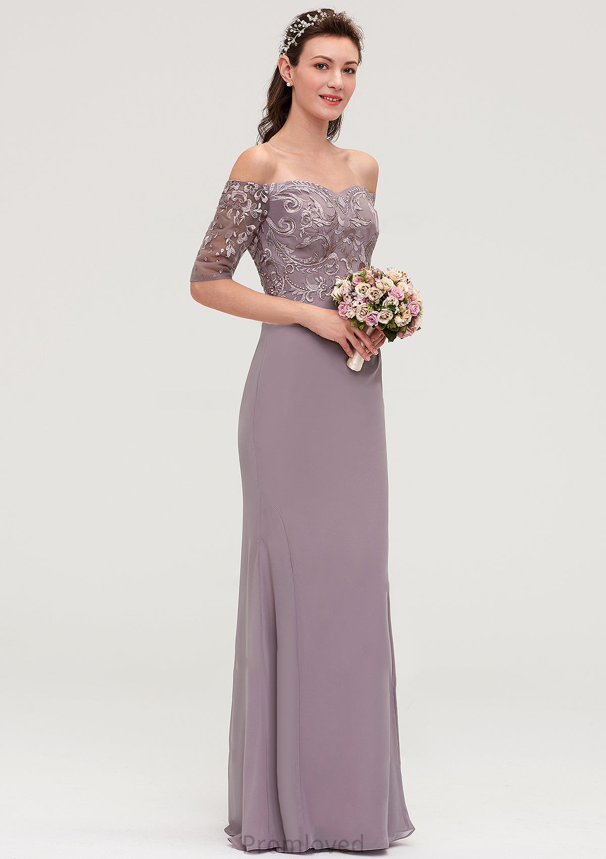 Off-the-Shoulder Half Sleeve Sheath/Column Long/Floor-Length Chiffon Bridesmaid Dresseses With Appliqued Dalia DUP0025458