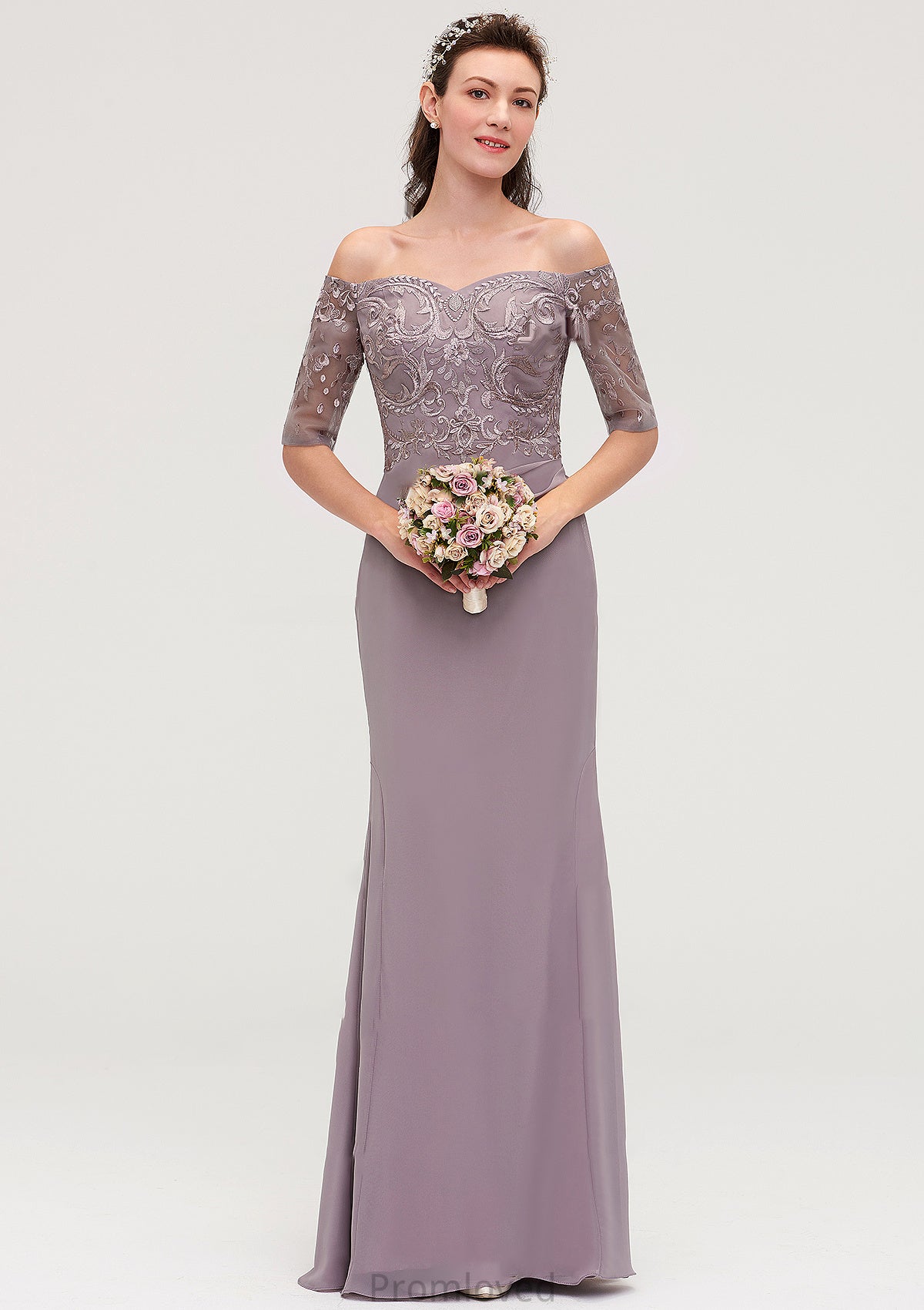 Off-the-Shoulder Half Sleeve Sheath/Column Long/Floor-Length Chiffon Bridesmaid Dresseses With Appliqued Dalia DUP0025458