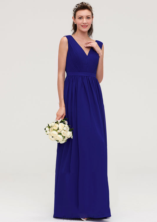 Sleeveless V Neck Chiffon A-line/Princess Long/Floor-Length Bridesmaid Dresseses With Pleated Kaila DUP0025459