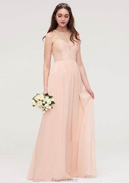 Bateau Sleeveless Long/Floor-Length Chiffon A-line/Princess Bridesmaid Dresses With Lace Pleated Jazlynn DUP0025464