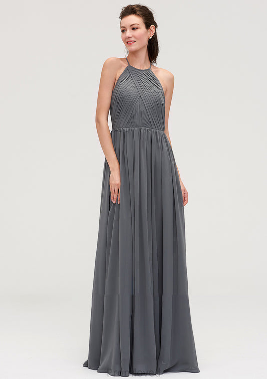 Sleeveless Halter Chiffon A-line/Princess Long/Floor-Length Bridesmaid Dresseses With Pleated Abbey DUP0025466