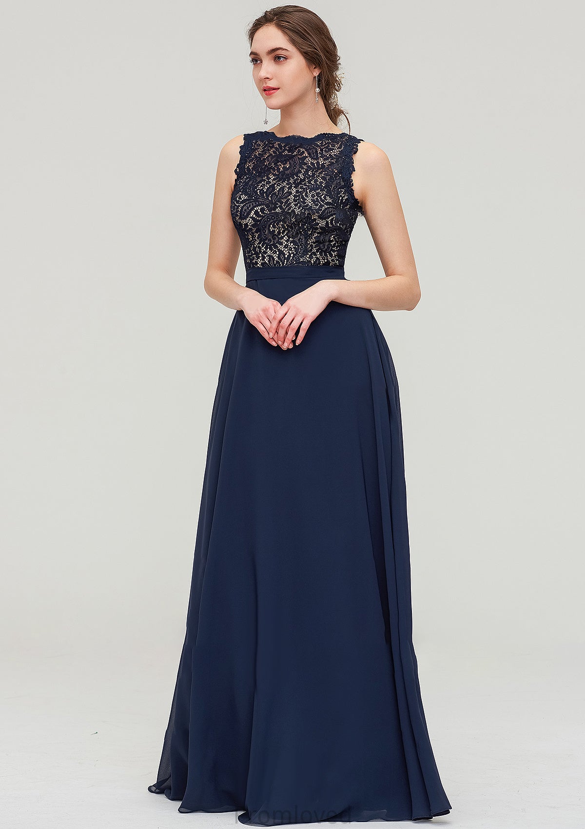 Sleeveless Bateau Long/Floor-Length  Chiffon A-line/Princess Bridesmaid Dresses With Sashes Lace Britney DUP0025471