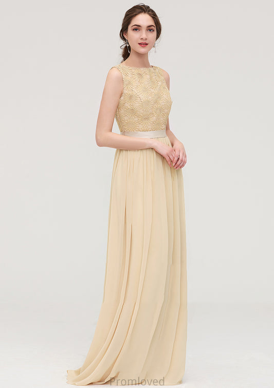 Bateau Sleeveless A-line/Princess Chiffon Long/Floor-Length Bridesmaid Dresses With Sashes Lace Melina DUP0025472