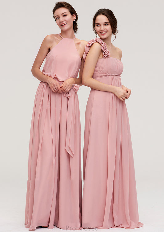 Sleeveless Scoop Neck A-line/Princess Chiffon Long/Floor-Length Bridesmaid Dresseses With Pleated Sashes Aaliyah DUP0025476