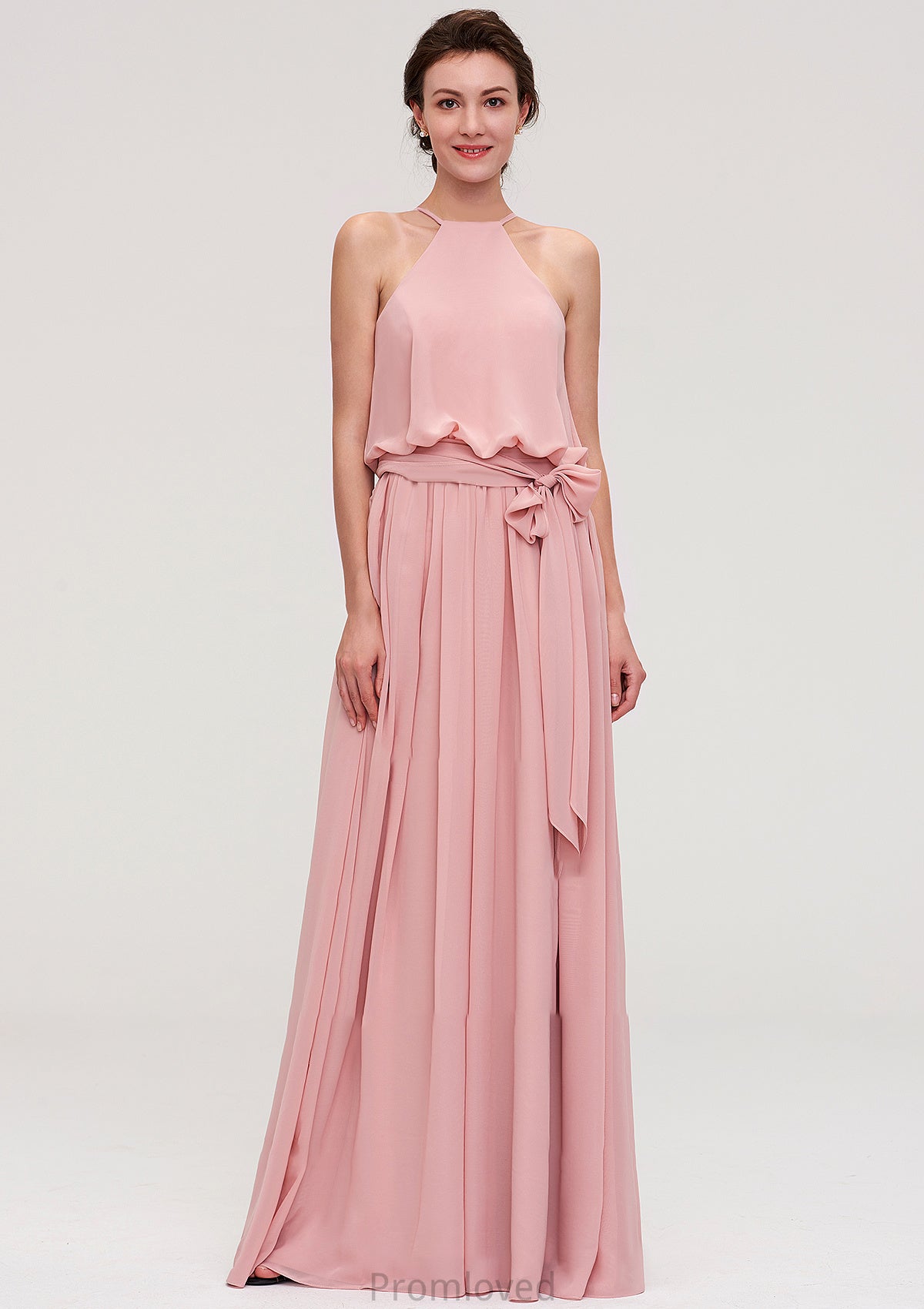 Sleeveless Scoop Neck A-line/Princess Chiffon Long/Floor-Length Bridesmaid Dresseses With Pleated Sashes Aaliyah DUP0025476