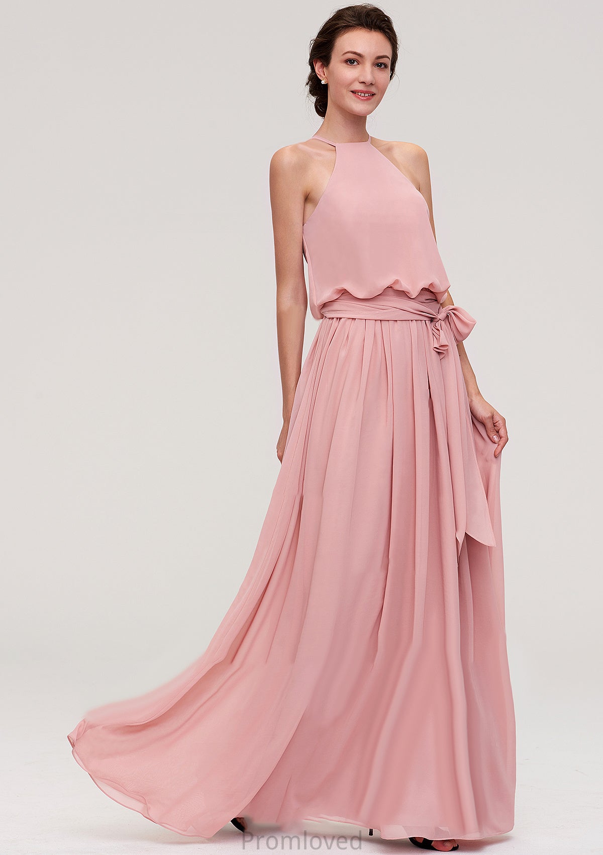 Sleeveless Scoop Neck A-line/Princess Chiffon Long/Floor-Length Bridesmaid Dresseses With Pleated Sashes Aaliyah DUP0025476