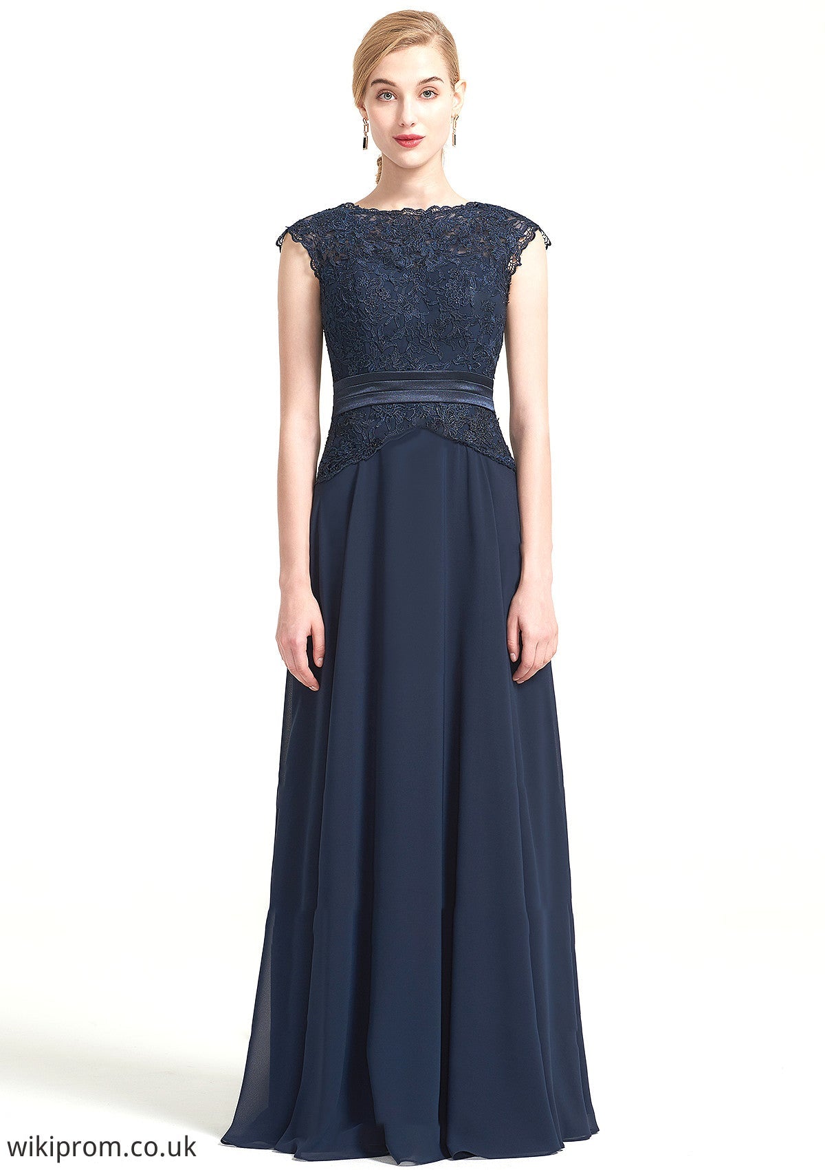 Bateau Sleeveless A-line/Princess Chiffon Long/Floor-Length Bridesmaid Dresses With Sashes Lace Pleated Anastasia SWKP0025480