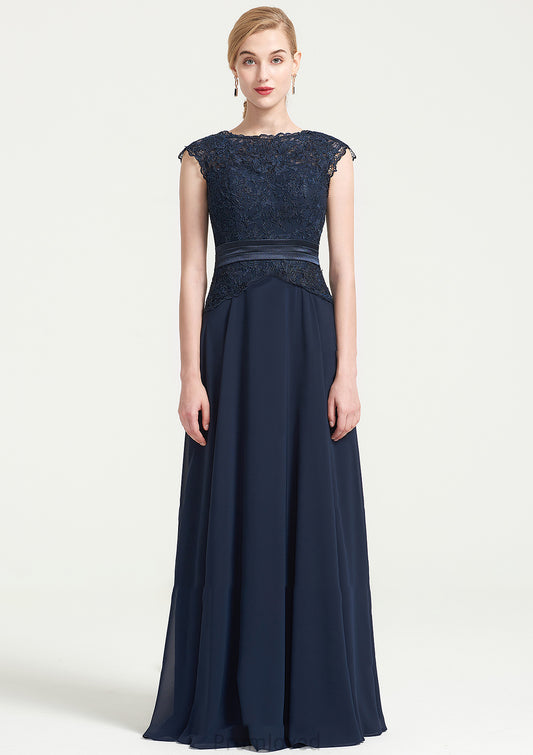 Bateau Sleeveless A-line/Princess Chiffon Long/Floor-Length Bridesmaid Dresses With Sashes Lace Pleated Chloe DUP0025480