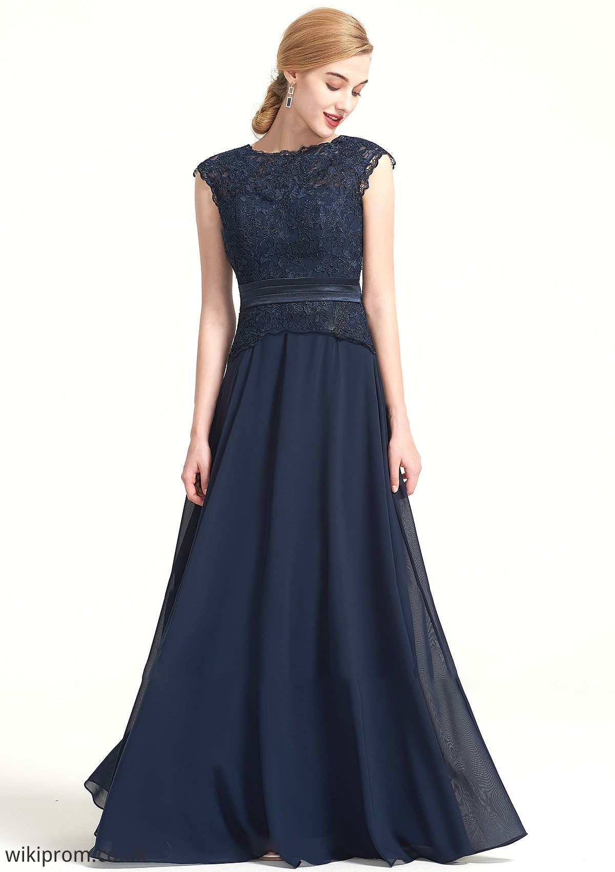 Bateau Sleeveless A-line/Princess Chiffon Long/Floor-Length Bridesmaid Dresses With Sashes Lace Pleated Anastasia SWKP0025480