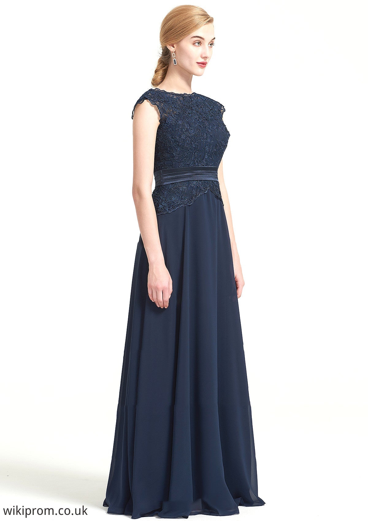 Bateau Sleeveless A-line/Princess Chiffon Long/Floor-Length Bridesmaid Dresses With Sashes Lace Pleated Anastasia SWKP0025480