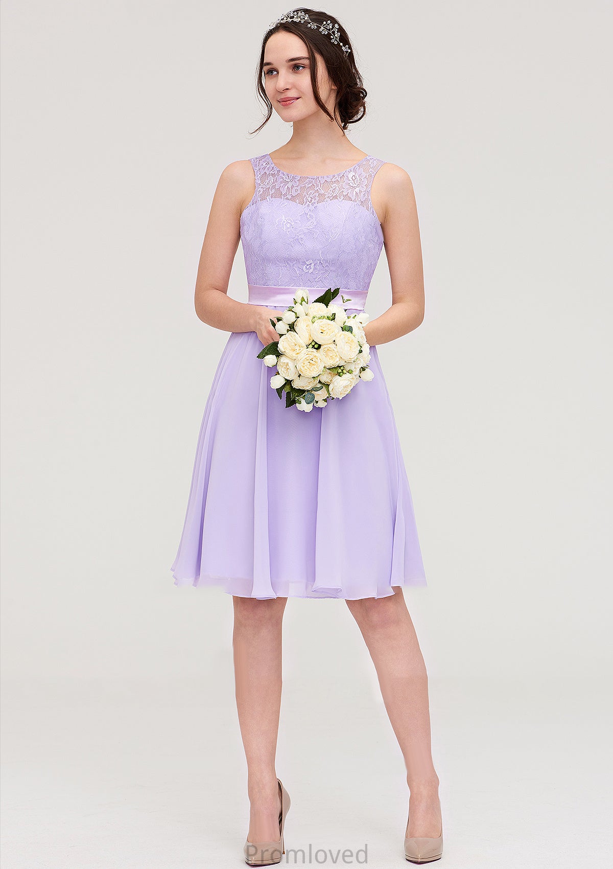 Sleeveless Knee-Length Chiffon A-line/Princess Bridesmaid Dresses With Sashes Lace Claudia DUP0025481