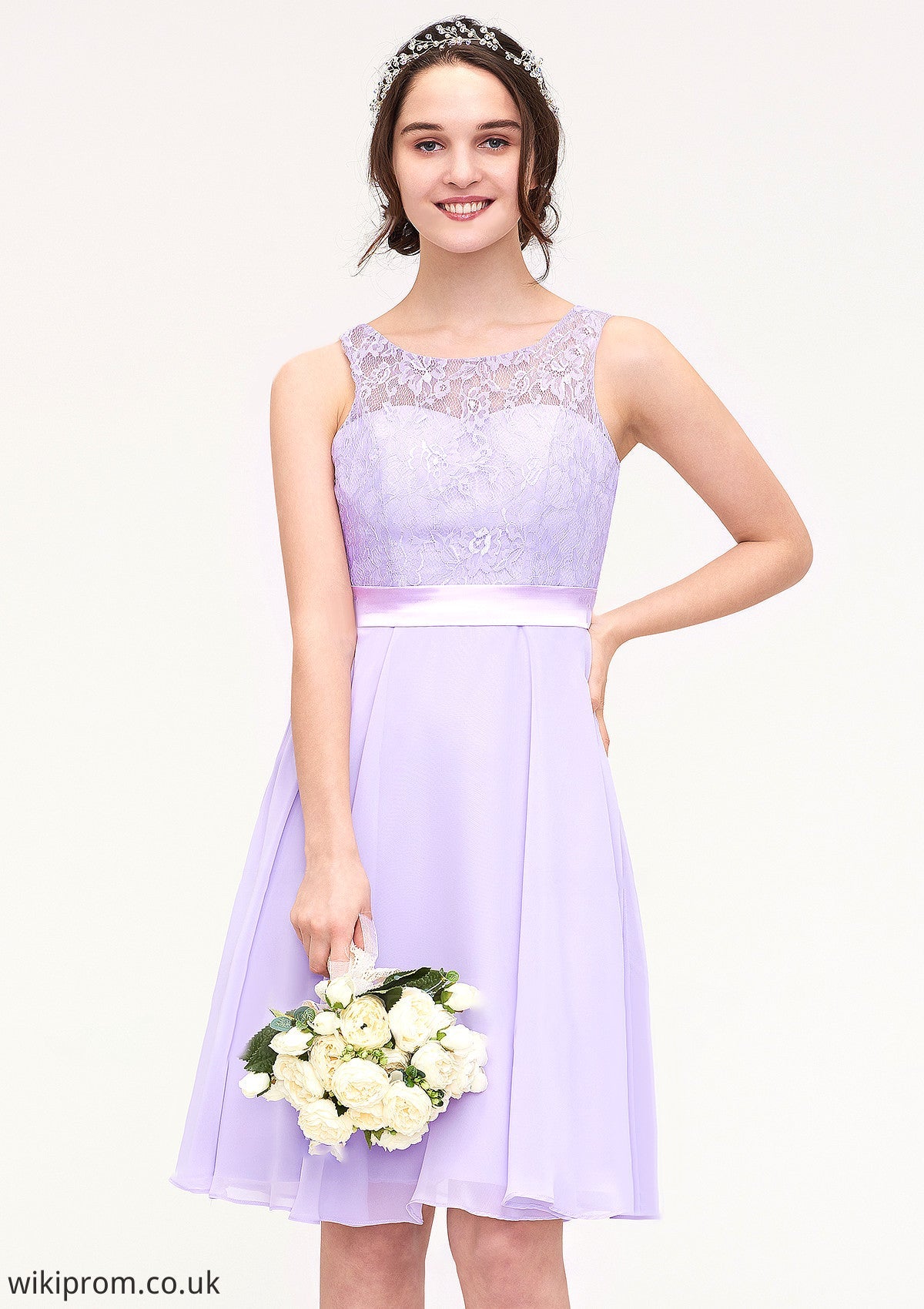 Sleeveless Knee-Length Chiffon A-line/Princess Bridesmaid Dresses With Sashes Lace Gertrude SWKP0025481