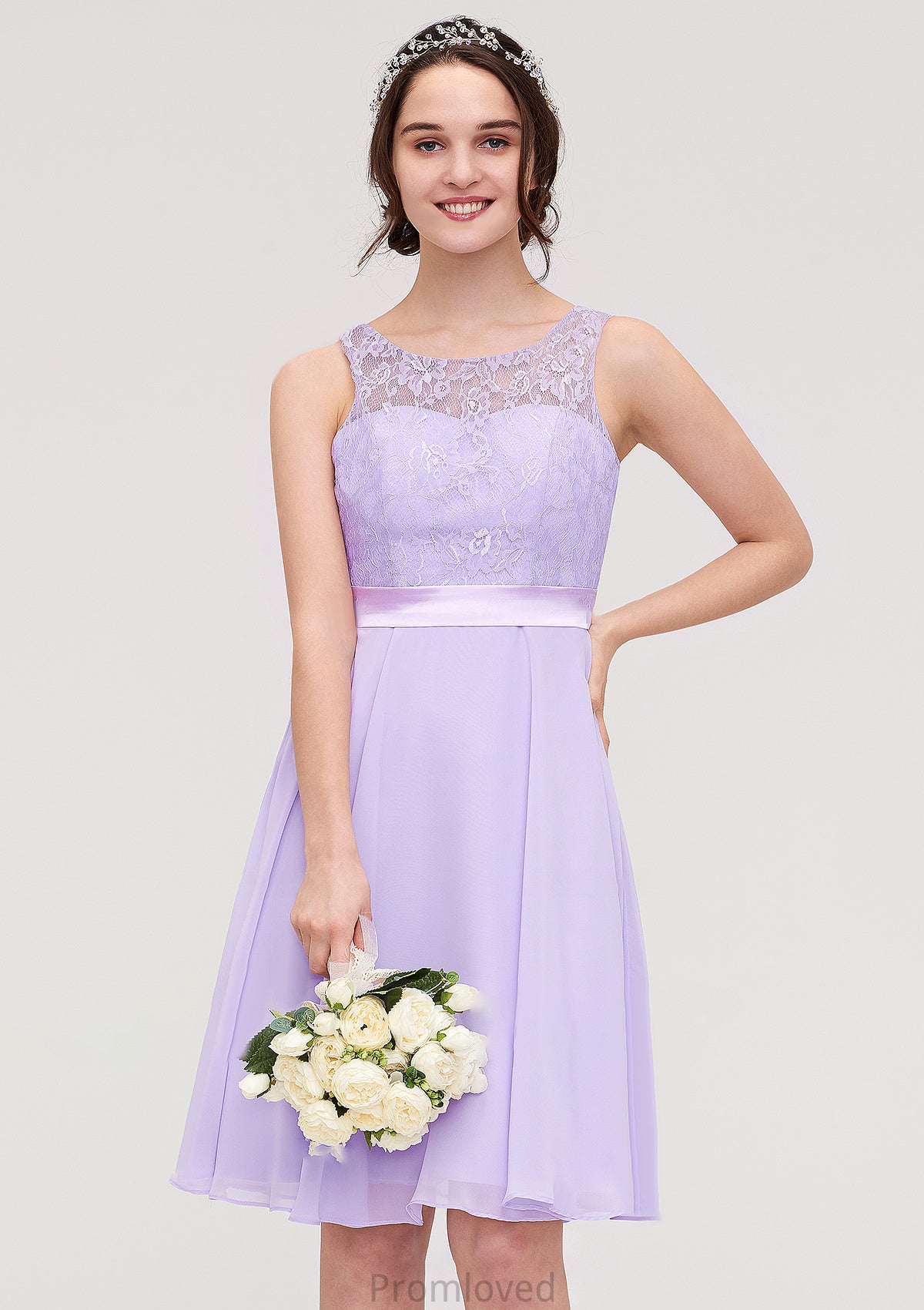 Sleeveless Knee-Length Chiffon A-line/Princess Bridesmaid Dresses With Sashes Lace Claudia DUP0025481