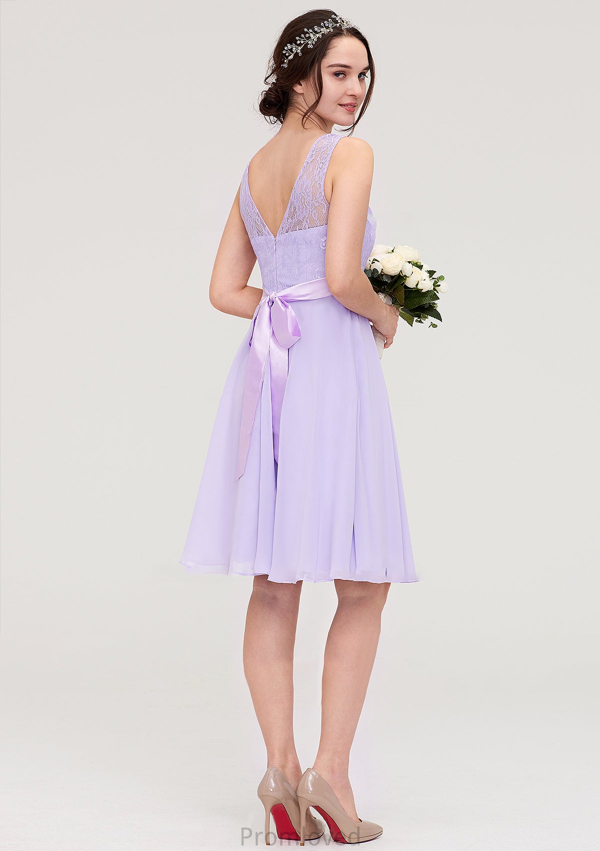 Sleeveless Knee-Length Chiffon A-line/Princess Bridesmaid Dresses With Sashes Lace Claudia DUP0025481