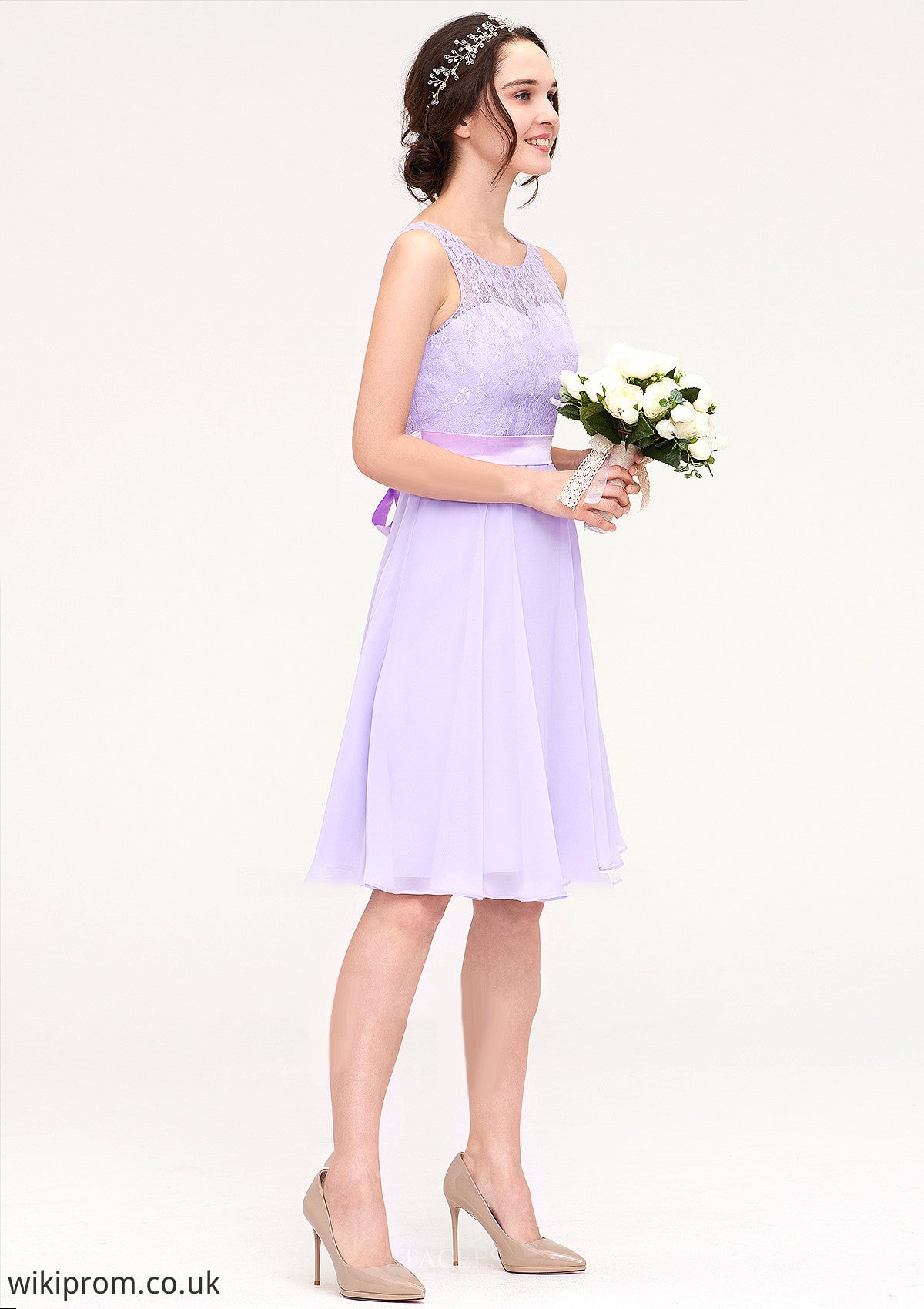 Sleeveless Knee-Length Chiffon A-line/Princess Bridesmaid Dresses With Sashes Lace Gertrude SWKP0025481