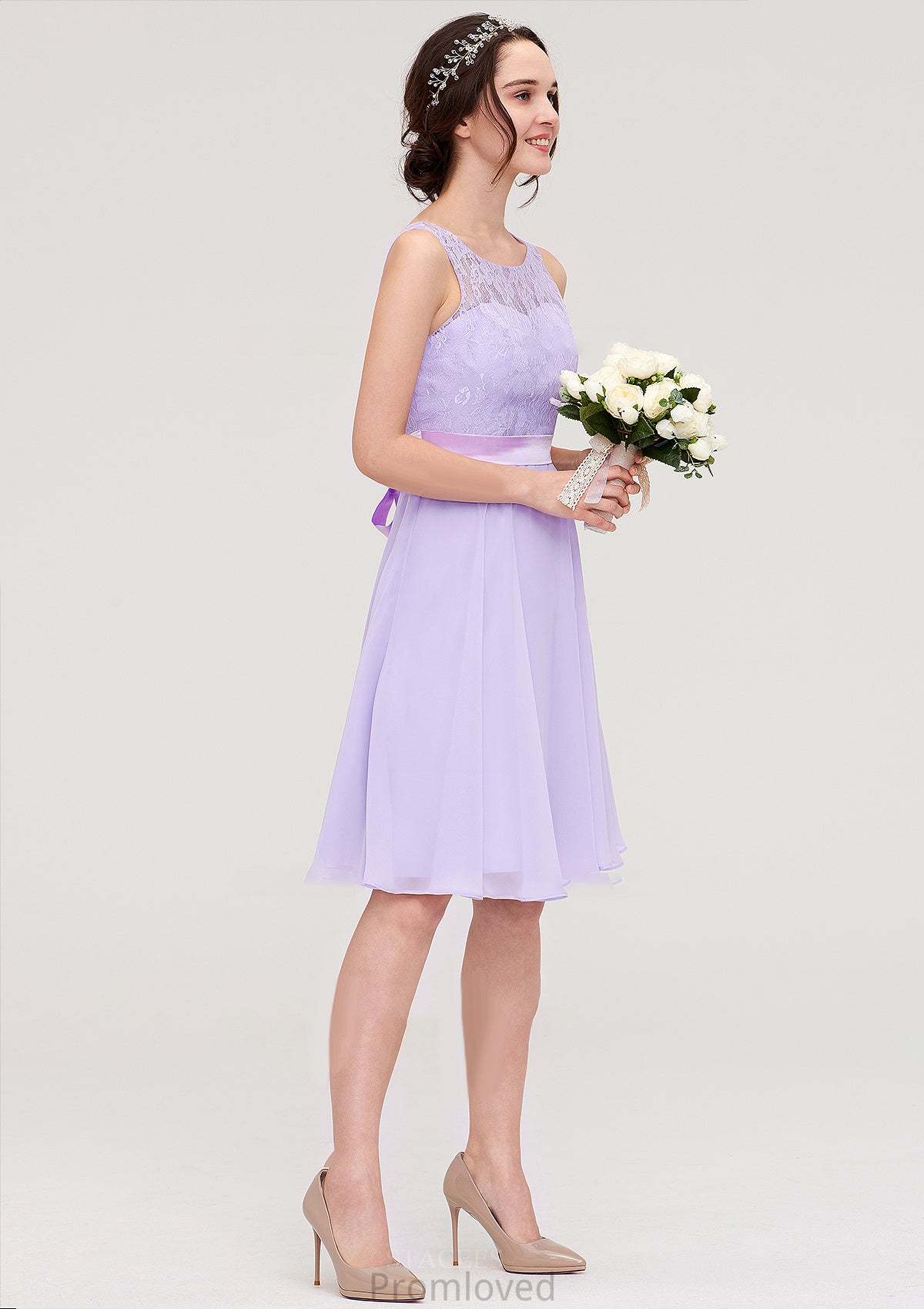 Sleeveless Knee-Length Chiffon A-line/Princess Bridesmaid Dresses With Sashes Lace Claudia DUP0025481