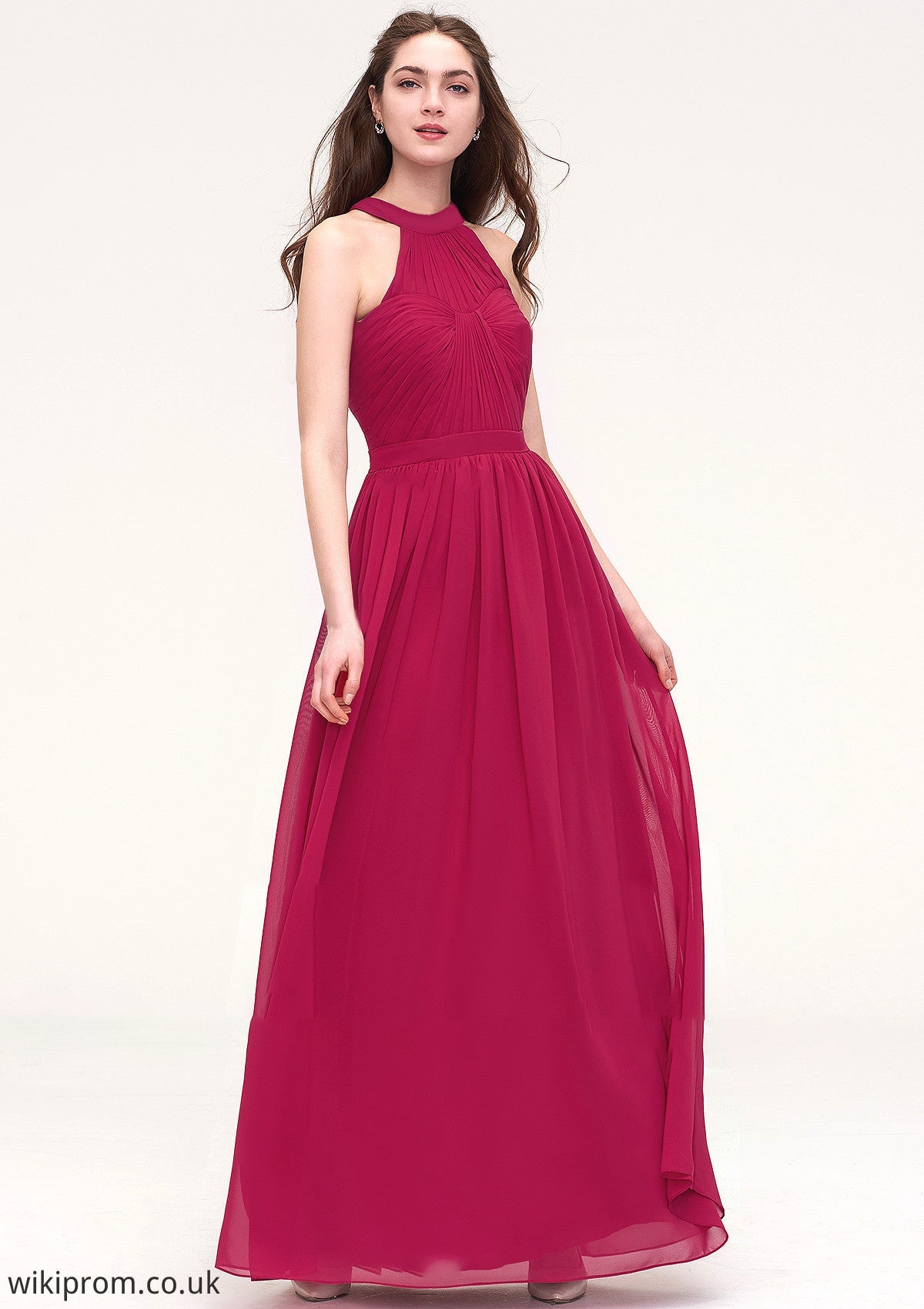 Halter Sleeveless Long/Floor-Length Chiffon A-line/Princess Bridesmaid Dresses With Pleated Maribel SWKP0025483