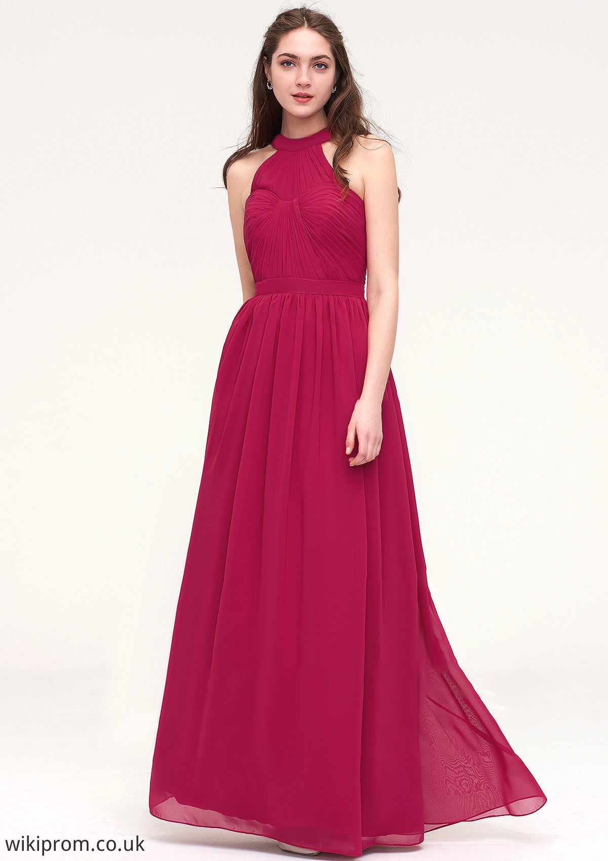 Halter Sleeveless Long/Floor-Length Chiffon A-line/Princess Bridesmaid Dresses With Pleated Maribel SWKP0025483