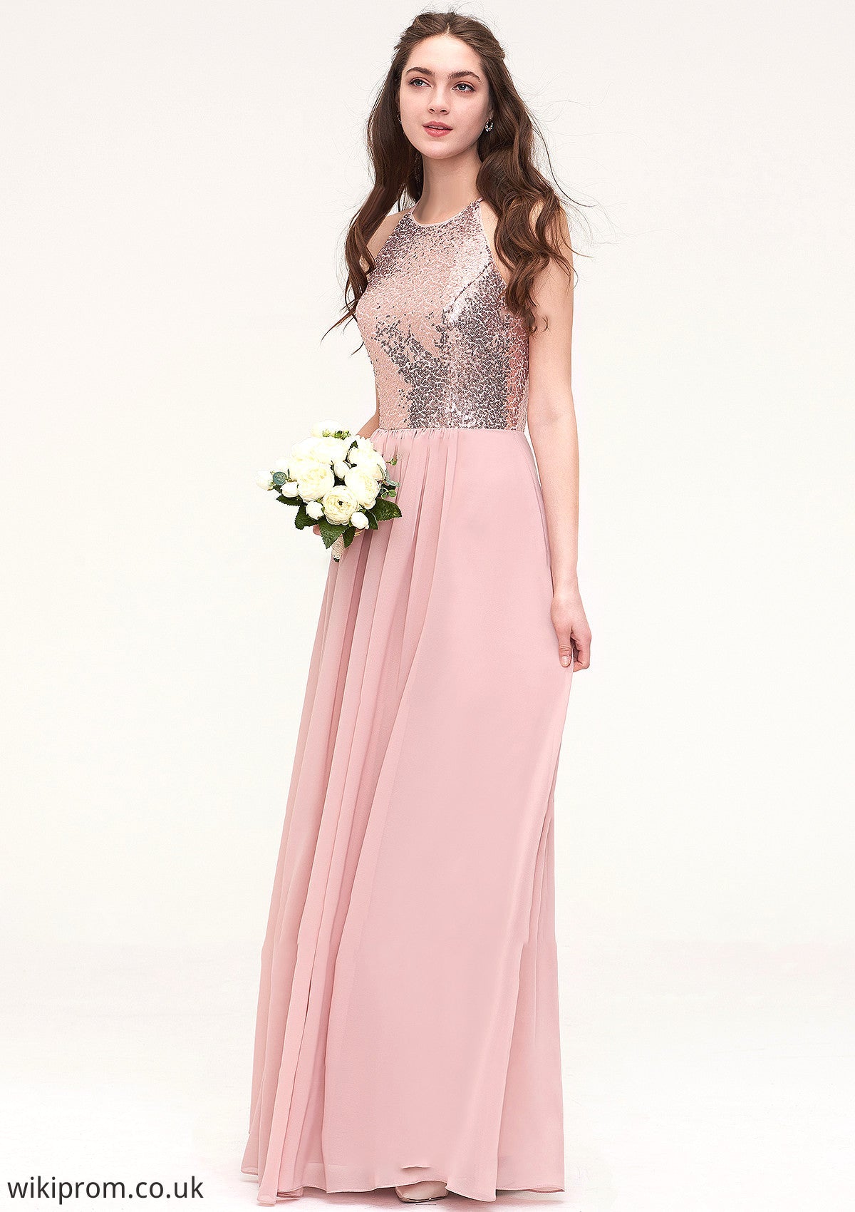 Sleeveless Bateau Long/Floor-Length Chiffon A-line/Princess Bridesmaid Dresses With Sequins Xiomara SWKP0025484