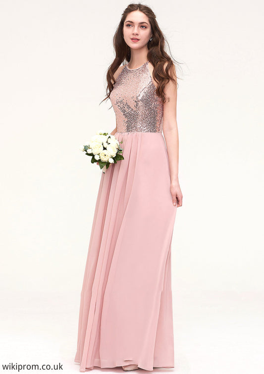 Sleeveless Bateau Long/Floor-Length Chiffon A-line/Princess Bridesmaid Dresses With Sequins Xiomara SWKP0025484