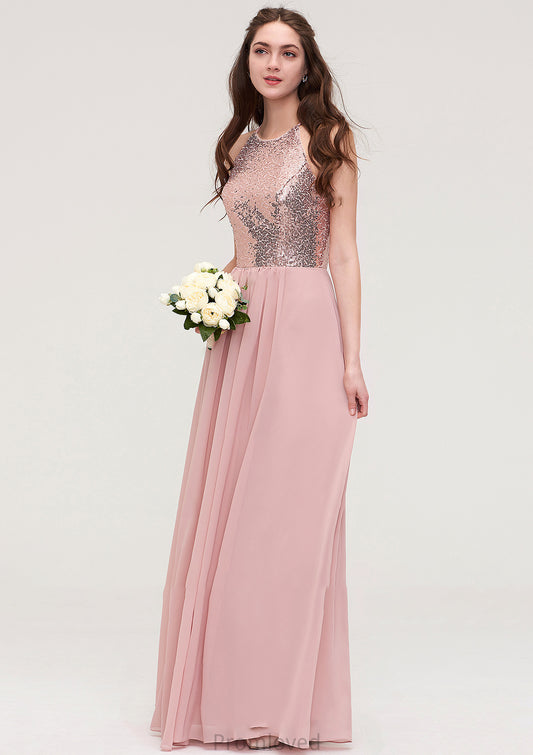 Sleeveless Bateau Long/Floor-Length Chiffon A-line/Princess Bridesmaid Dresses With Sequins Rowan DUP0025484