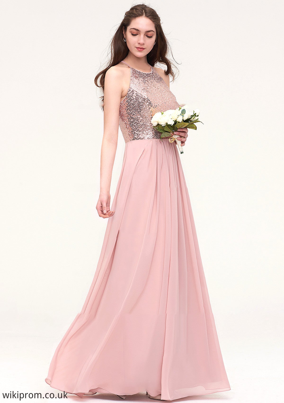 Sleeveless Bateau Long/Floor-Length Chiffon A-line/Princess Bridesmaid Dresses With Sequins Xiomara SWKP0025484