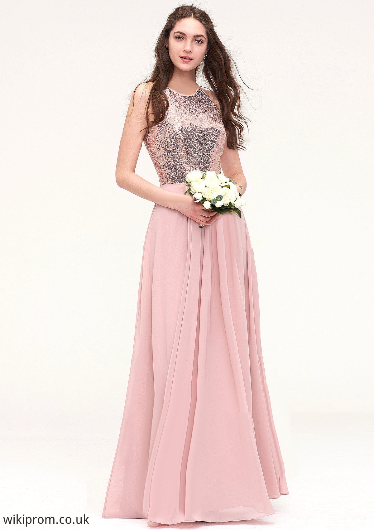 Sleeveless Bateau Long/Floor-Length Chiffon A-line/Princess Bridesmaid Dresses With Sequins Xiomara SWKP0025484