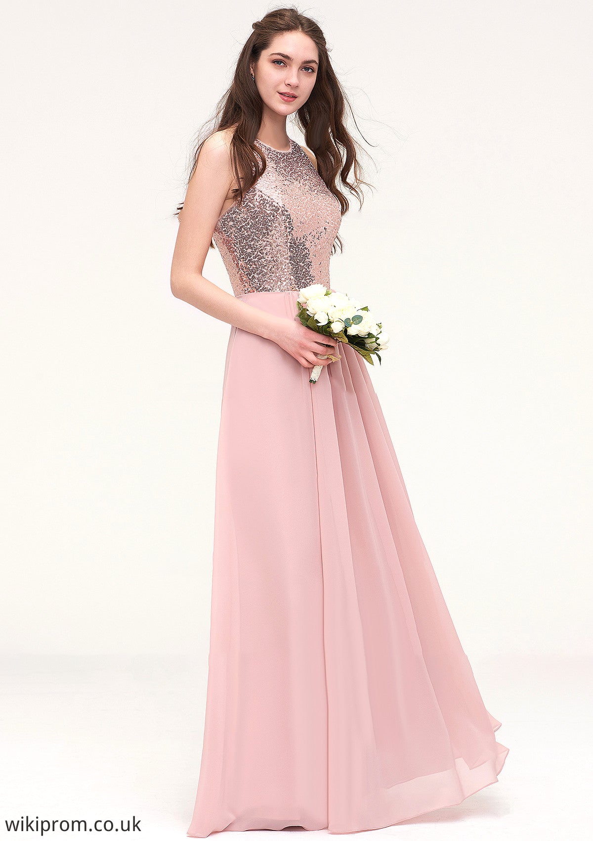 Sleeveless Bateau Long/Floor-Length Chiffon A-line/Princess Bridesmaid Dresses With Sequins Xiomara SWKP0025484