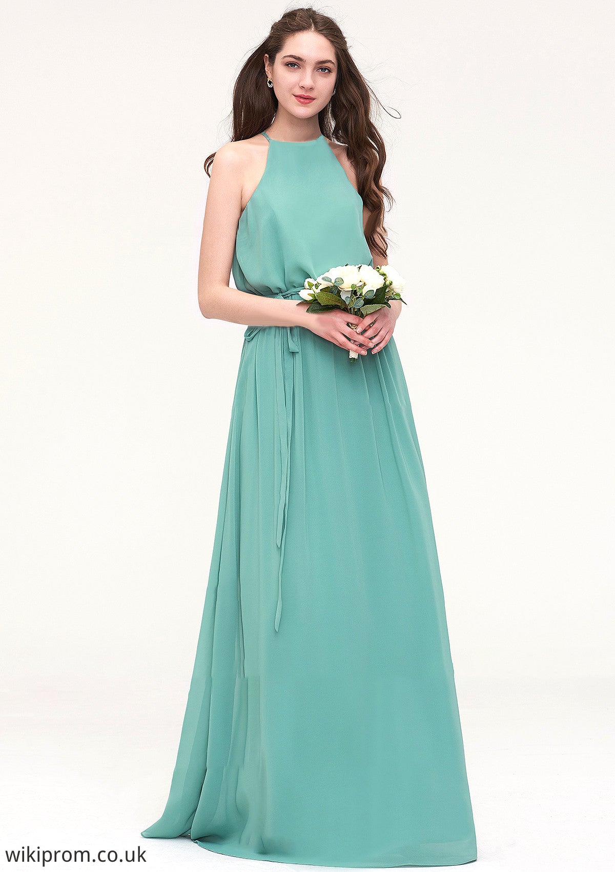 High-Neck Sleeveless Long/Floor-Length Chiffon A-line/Princess Bridesmaid Dresses With Sashes Karen SWKP0025485