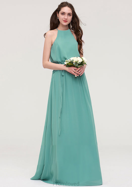 High-Neck Sleeveless Long/Floor-Length Chiffon A-line/Princess Bridesmaid Dresses With Sashes Jimena DUP0025485